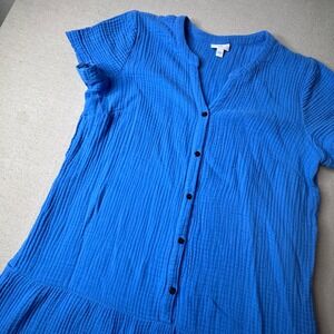 J.Jill Blue Cotton Gauze Tiered Dress Short Sleeve Button Front Women's Medium